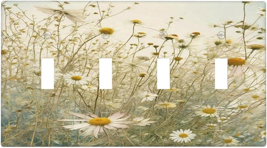 White Wildflowers Daisy Vintage Floral Light Switch Covers Quad Toggle Electrical Faceplate 4 Gang Wall Plate Decorative Switch Plates for Bed Room Living Room Decor