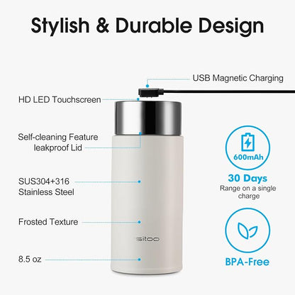 Vsitoo Smart self cleaning Insulated Water Bottle, 8.5oz Stainless Steel Vacuum Flask, AI Self-Clean, 30-Day Battery Life, BPA-Free, Magnetic Charging, Portable Travel Mug Gifts for Men Women, White