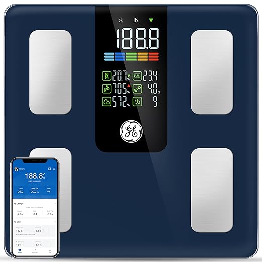 GE Smart Scale for Body Weight, BMI, Body Fat, Muscle Mass, Digital Bathroom Scales 500lbs for Bluetooth Weight Monitor 11.8" Large Platform Weighing Machine Health Analyzer with App, Dark Blue