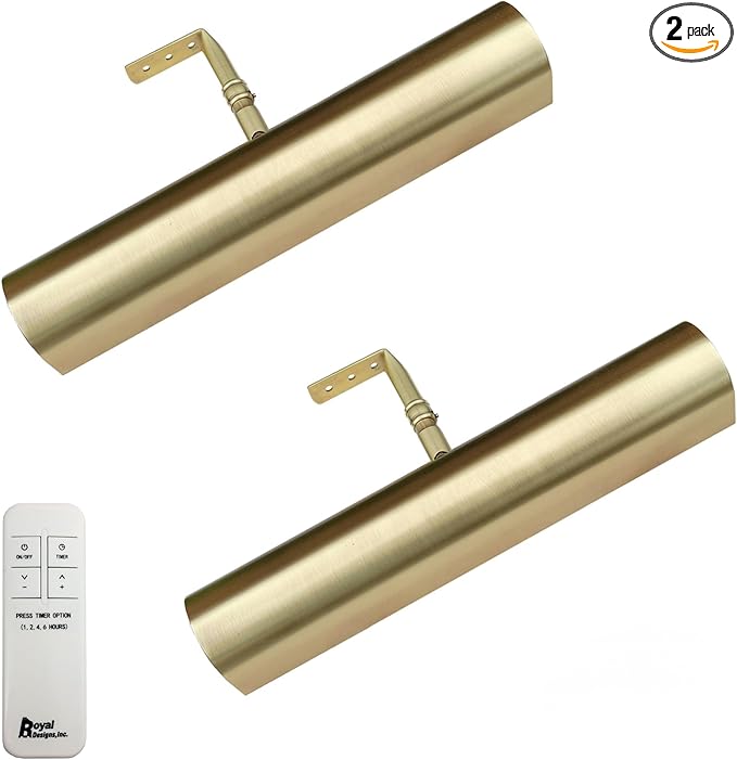Royal Designs, Inc. Cordless Remote Control LED Picture Light, Dimmable with Timer Function, Brushed Satin Brass, 10.75 Inches, 2 Pack