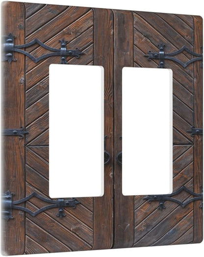 Decorative Outlet Covers Vintage Brown Wood Barn Door 2 Gang Light Switch Cover Plate Double Rocker Wall Plate Switch Plate Covers Faceplate for Farmhouse Home Decor （2 Pack）