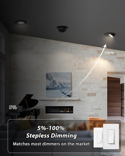 Adetu Led Recessed Lighting 6 inch, 360°+90° Adjustable Directional Gimbal 6 inch Led Recessed Light, 2700K-5000K 5CCT Dimmable Retrofit Eyeball Can Recessed Lights with Jbox, ET (Black,6 Pack)