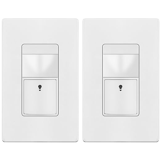 TOPGREENER Motion Sensor Switch, PIR Sensor with Ambient Light Level, 𝐍𝐨 𝐍𝐞𝐮𝐭𝐫𝐚𝐥 𝐑𝐞𝐪𝐮𝐢𝐫𝐞𝐝, Ground Wire Required, Occupancy & Vacancy Modes, Single Pole, TDOS5-JM-W-2PCS, White