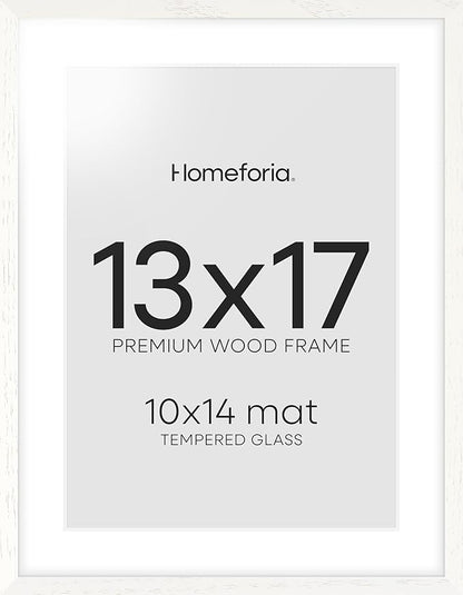 Homeforia 13x17 White Picture Frame, High End Oak 13x17 White Wooden Poster Frames with Mat 10x14 for Print, 13 x 17 Wood Frame Matted to 10 x 14 Photo, 17x13 Frame, Tempered Glass, Wall Kit, Set of 1