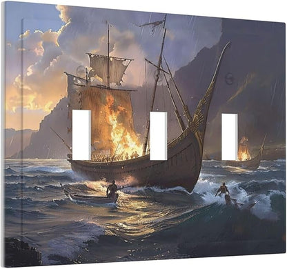 Decorative Light Switch Cover Plate Medieval Vintage Sailing Adventure Sailings Ocean Waves 3 Gang Wall Plate Triple Toggle Switch Plate Covers Electrical Outlet Cover for Bedroom Cabin