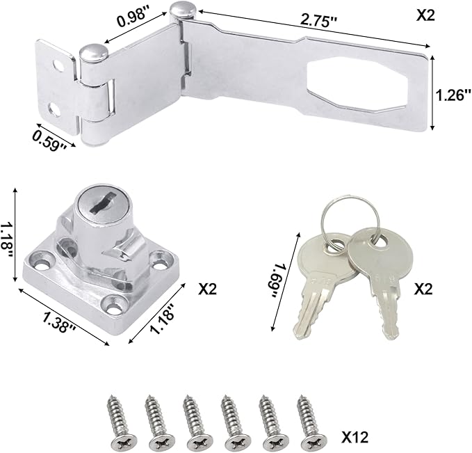 2 Pack Door Lock Hasp Latchs, Collapsible Solid 304 Stainless Steel File Cabinet Lock Desk Drawer Lock, for 90 Degree and 180 Degree Drawers, Dabinets, Doors, Flip Barn Door (Individual Key)