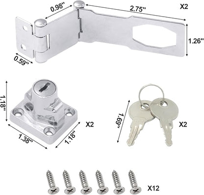 2 Pack Door Lock Hasp Latchs, Collapsible Solid 304 Stainless Steel File Cabinet Lock Desk Drawer Lock, for 90 Degree and 180 Degree Drawers, Dabinets, Doors, Flip Barn Door (Individual Key)