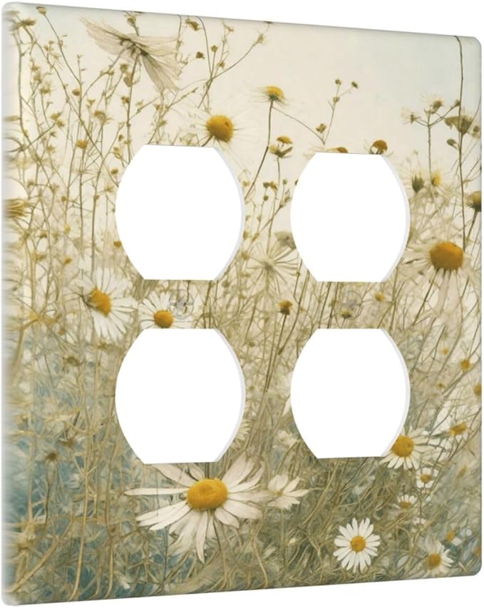 White Wildflowers Daisy Vintage Floral Outlet Covers 2 Gang Double Duplex Decorative Light Switch Covers Electrical Wallplates Socket Faceplate for Bed Room Living Room Decor