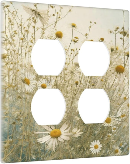 White Wildflowers Daisy Vintage Floral Outlet Covers 2 Gang Double Duplex Decorative Light Switch Covers Electrical Wallplates Socket Faceplate for Bed Room Living Room Decor