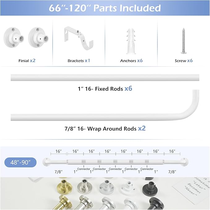 White Wrap Around Curtain Rods 66 to 120 Inch:Blackout Heavy duty Adjustable Window Curtain Rod for Bedroom,Industrial Darkening Curved French Metal Single Drapery Rods Easy Install,Pure White