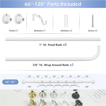 White Wrap Around Curtain Rods 66 to 120 Inch:Blackout Heavy duty Adjustable Window Curtain Rod for Bedroom,Industrial Darkening Curved French Metal Single Drapery Rods Easy Install,Pure White