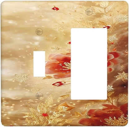 Decorative Outlet Covers Golden Leaf Red Peony Flowers Floral 2 Gang 1 Gang Wall Plate Cover Single Toggle Rocker Combo Light Switch Cover Plate Face Plate
