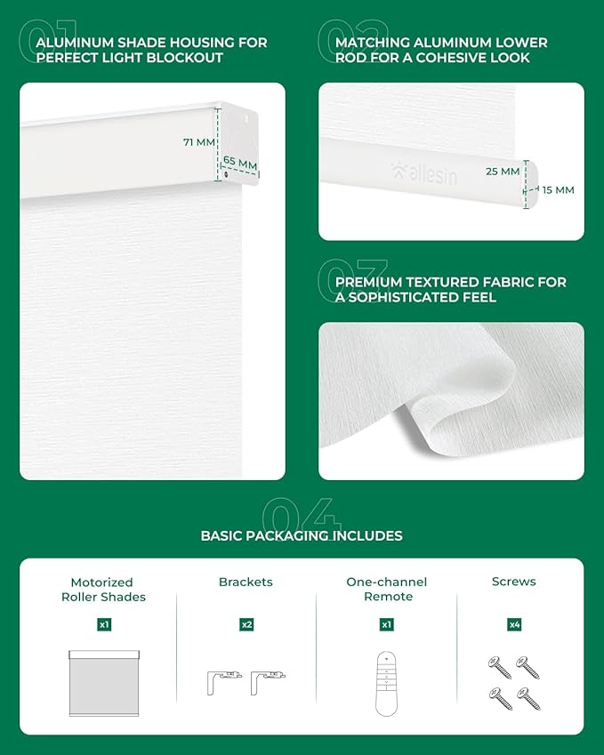 Allesin Motorized Roller Blinds – Rechargeable Smart Shades with Remote & Quiet Motor, Top/Bottom Aluminum Rails, Alexa-Compatible for Window (Custom Size, Light Filtering Seashell-Textured)