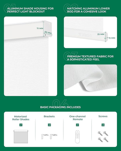 Allesin Motorized Roller Blinds – Rechargeable Smart Shades with Remote & Quiet Motor, Top/Bottom Aluminum Rails, Alexa-Compatible for Window (Custom Size, Light Filtering Seashell-Textured)