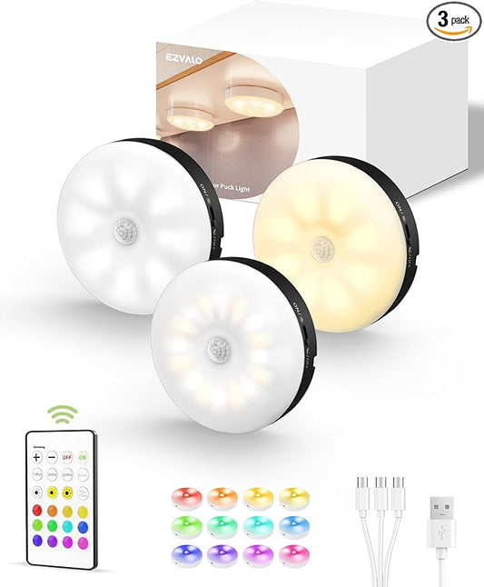 EZVALO Under Cabinet Lighting,1000mAh Rechargeable Puck Lights with Remote,3 Color Temps & 12 RGB Motion Sensor Closet Lights Indoor,Dimmable Under Cabinet Lights for Kitchen,Cabinets,Closet (3 Packs)