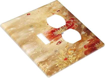 Decorative Outlet Covers Golden Leaf Red Peony Flowers Floral 2 Gang Wall Plate Cover Single Toggle Duplex Combo Two Switch Light Switch Cover Plate Jumbo Faceplate