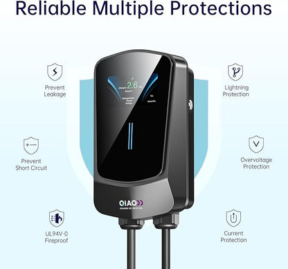 QIAO Level 2 EV Charger, Up to 48A Hardwired Electric Car Charger, Wi-Fi Bluetooth APP Enabled EVSE, 4.3in Display, 25ft Cable, Charge Station Compatible with All SAE J1772 EV Models (Black)