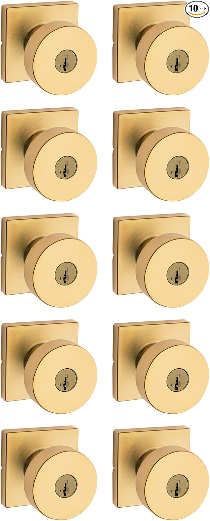 Kwikset Pismo Entry Door Knob with Lock and Key, Secure Keyed Handle Exterior, Front Entrance and Bedroom, Satin Brass, 10 Pack, Pick Resistant SmartKey Rekey Security