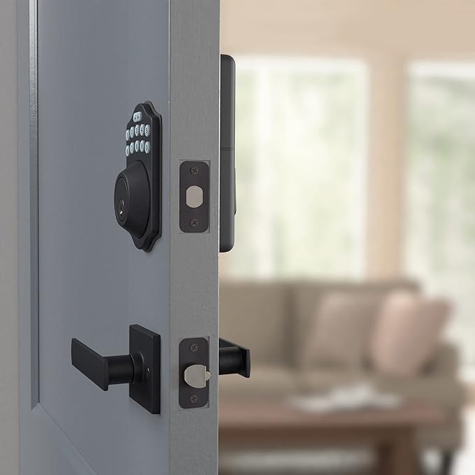 Amazon Basics Traditional Electronic Keypad, Keyless Entry Door Lock Deadbolt with Handle Set, Key Pad Front Door with Knob, Traditional Door Locks for Front Door, Door Handle, Matte Black, 1-Pack