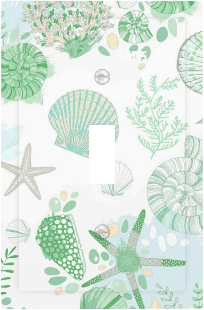 Beach Nautical Starfish Scallop Coral Conch Decorative Light Switch Cover 1 Gang Single Toggle Device Electrical Faceplate Switchplates Decorator Outlet Wall Plate for Bathroom Home Decor