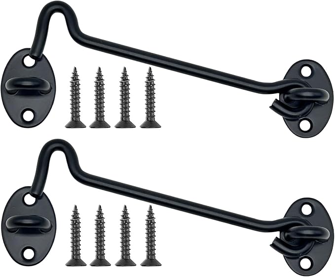 2-Pack 8Inch Door Lock Gate Latch Premium Stainless Steel Hook and Eye Gate Latch Cabin Hook with 16pcs Screws, Black