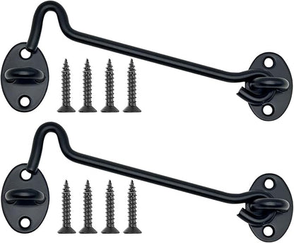 2-Pack 8Inch Door Lock Gate Latch Premium Stainless Steel Hook and Eye Gate Latch Cabin Hook with 16pcs Screws, Black