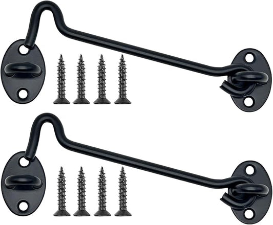 2-Pack 8Inch Door Lock Gate Latch Premium Stainless Steel Hook and Eye Gate Latch Cabin Hook with 16pcs Screws, Black