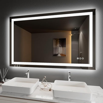 Amorho 50"X32" LED Bathroom Mirror, Front and Backlight Stepless Dimmable, Wall Mirrors with Defogger, Shatter-Proof, Memory, 3 Colors Lighting, Double LED Vanity Mirror, ETL Listed.