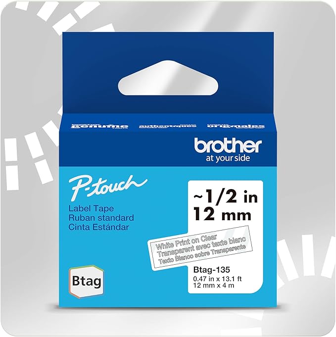 Brother Genuine P-Touch Btag BTAG135 White on Clear Label Tape ~1/2in by 13.1ft (12mm x 4m)