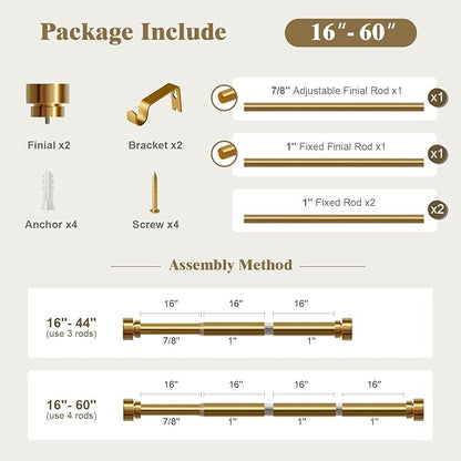 Oneach Heavy Duty Curtain Rods for Windows 28 to 48 Inch, 1 Inch Brass Gold Curtain Rod, Adjustable Length Rod with Metal Finials, Modern Decorative for Bedroom Kitchen Living Room (16 to 60 Inch)