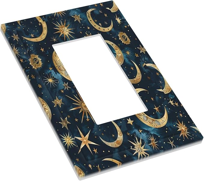 Decorative Outlet Covers Modern Abstract Sky Blue Gold Moon Sun Star 1 Gang Single Rocker Light Switch Cover Plate Wall Plates GFCI Faceplate for Bedroom Kids room Decor