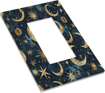 Decorative Outlet Covers Modern Abstract Sky Blue Gold Moon Sun Star 1 Gang Single Rocker Light Switch Cover Plate Wall Plates GFCI Faceplate for Bedroom Kids room Decor