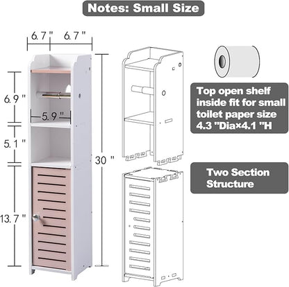 AOJEZOR Toilet Paper Holder Stand: Small Bathroom Storage Cabinet - Pinkish Rose - White
