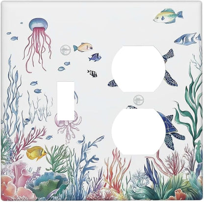 Blue Sea Turtle Ocean Fish Octopus Coral Wallplates 1 Toggle 1 Duplex Switch Plate Electrical Gfci Faceplate Decorative Light Switch Covers For Bathroom Kids Room Decor