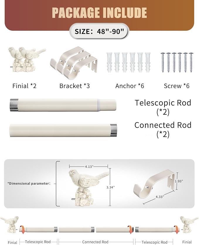 White Curtain Rod 48 to 90 Inches Curtain Rods for Windows Adjustable Heavy Duty Drapery Rod with Bird Finials for Kitchen Window Living Room