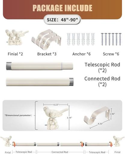 White Curtain Rod 48 to 90 Inches Curtain Rods for Windows Adjustable Heavy Duty Drapery Rod with Bird Finials for Kitchen Window Living Room