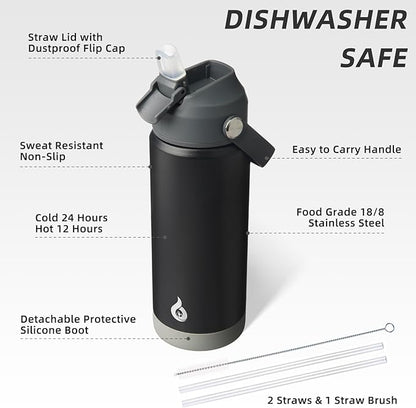 BJPKPK Insulated Water Bottle with Straw Lid, 18oz Thermo Water Bottles with Soft Nozzle, Flex Handle & Non-slip Boot, BPA Free Leak Proof Stainless Steel Metal Thermo, Tumblers, Cups,Black
