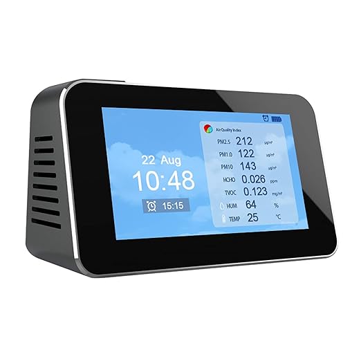 9 in 1 Air Quality Detector Smart Air Quality Monitor AQI, PM2.5, PM1.0, PM10, Formaldehyde (HCHO), TVOC, Temperature, Humidity, Time/Date/Alarm Multifunction