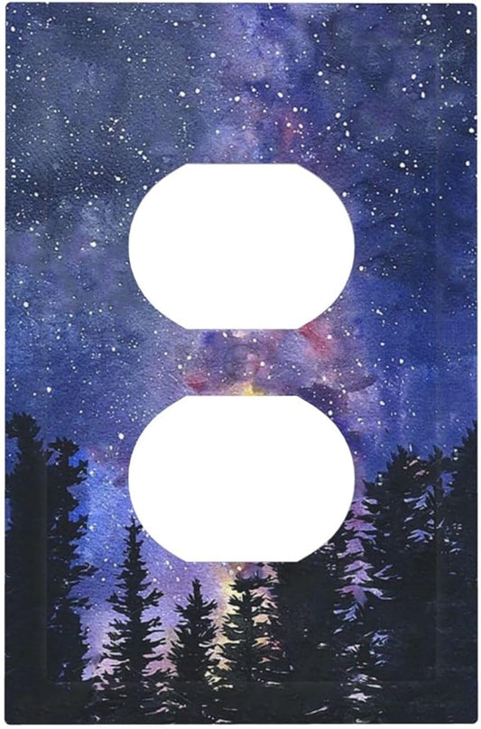 Outlet Covers Dream Milky Way Starry Forest Pine Watercolor Painting 1 Gang Duplex Electrical Receptacle Faceplate Light Switch Cover Wall Plate Decorative Switch Plates for Bedroom Home Decor