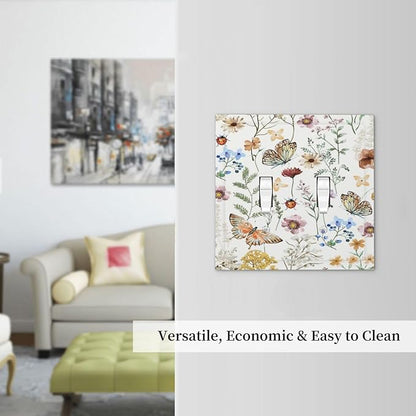 Decorative Light Switch Cover Boho White Background Butterfly Rustic Flower Double Toggle Personalized Wall Plate Switchplate 2 Gang Switchcovers Decora Light Switch Plate