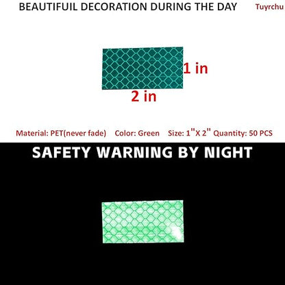 Non Fading Green Reflective Stickers 1 inch X 2 inch, Outdoor Waterproof High Visibility Warning Safety Adhesive Reflector Tape (50 Pcs)
