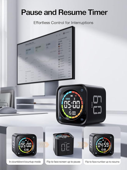 TK3 Pomodoro Timer Cube, Desk Productivity Timer with 5/10/30/60 Min Presets, Custom Countdown, Stopwatch, Clock, 3 Alarm, Silent, Vibrate & Sound Alert, for Task, ADHD, Study, Kitchen, Black