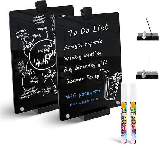 2 PCS Desktop Black Dry Erase Board with Stand - 12” x 8” Small Acrylic Black Board with Marker and Magnetic Clip, Reusable Desk Notepad, to-Do List, Menu Board Signs for Bar, Office, Home