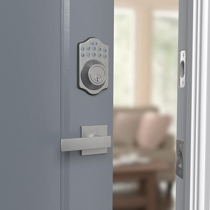 Amazon Basics Traditional Electronic Keypad, Keyless Entry Door Lock Deadbolt with Handle Set, Key Pad Front Door with Knob, Traditional Door Locks for Front Door, Door Handle, Satin Nickel, 1-Pack