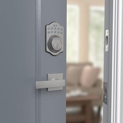 Amazon Basics Traditional Electronic Keypad, Keyless Entry Door Lock Deadbolt with Handle Set, Key Pad Front Door with Knob, Traditional Door Locks for Front Door, Door Handle, Satin Nickel, 6-Pack