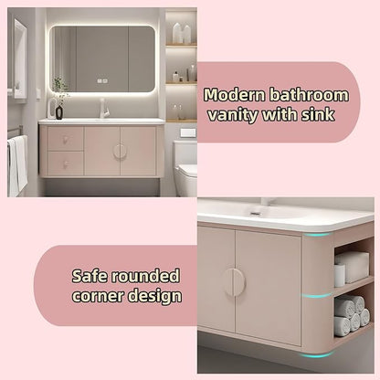 68IN Pink Modern Bathroom Vanity - Bathroom Vanities Set with 2 Drawers Wall Mounted | Rounded Corner Smart Defogging Mirror Cabinet with Lighting & Time Display, Side Opening Storage Shelf (Style B)
