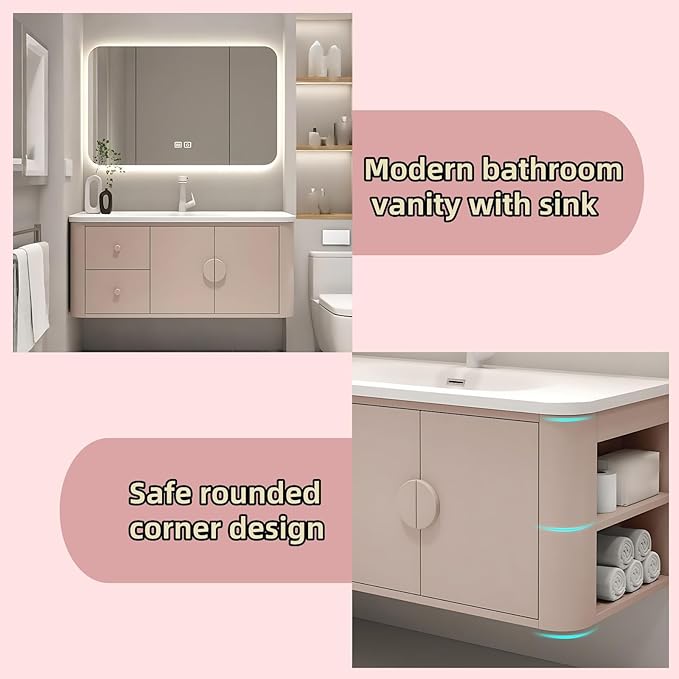 48IN Pink Modern Bathroom Vanity - Bathroom Vanities Set with 2 Drawers Wall Mounted | Rounded Corner Smart Defogging Mirror Cabinet with Lighting & Time Display, Side Opening Storage Shelf (Style B)
