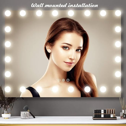 THEKLA 24 x 32 Inch Hollywood Light Vanity Mirror with 24 Bulbs Adjustable 3 Color Lights 32" Vanity Lighted Mirror for Bathroom Bedroom Wall Vanity Makeup Table Mirrors with Lights Base X10 Magnifier