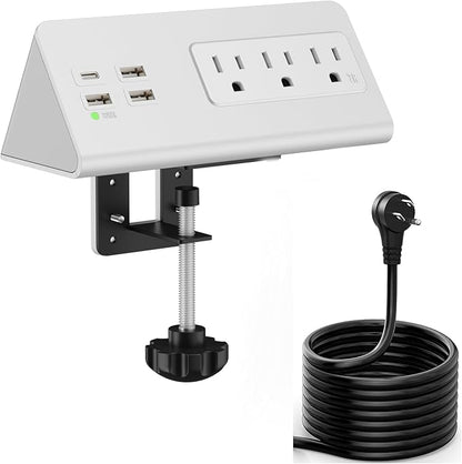 Upgraded Version Edge Mount Power Strip with USB-C Ports Tabletop Surge Protector Desk Clamp Power Sockets with 3 AC Outlets &4 Fast Charging USB Ports for Home Office Hotel Dormitory (White- 1pack)