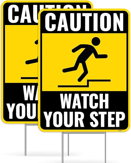2PC Watch Your Step Sign with Metal Stakes, 12 Inches by 9 Inches - Corrugated Plastic - Caution Please Watch Your Step Sign Outdoor